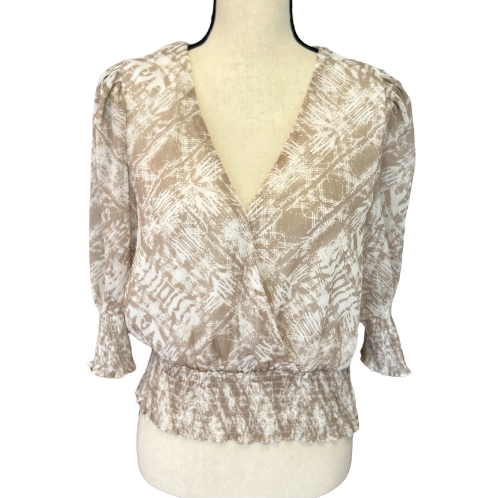 Pookie & Sebastian Beige & White Printed Top w/ Smocked Waist Band